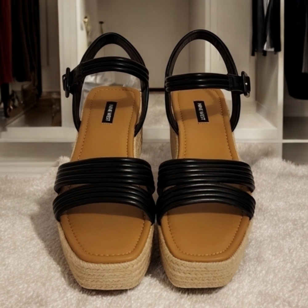 Nine West Womens Wedge Sandals Strappy Wedges Black & Brown NWT Size 9.5 - Picture 1 of 4